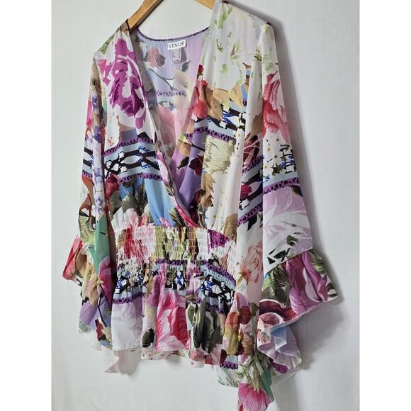 White Pink Floral Print Venus Elastic Hem V-Neck Flutter Sleeve US Size 12 - Picture 2 of 6